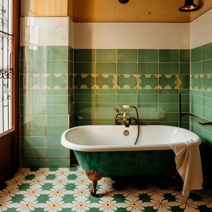 Ein stilvolles Badezimmer mit einer freistehenden Badewanne, umgeben von grünen Wand- und Bodenfliesen mit floralem Muster.